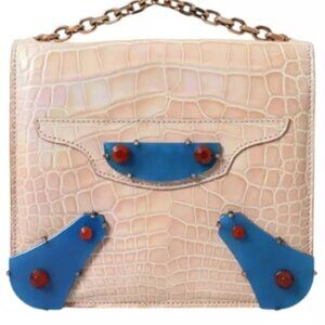 Balenciaga Agate Exotic Leather Gold Chain Purse Bag Beige Blue
